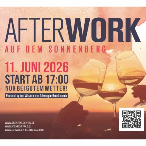 Ein Plakat für eine After-Work-Veranstaltung auf dem Sonnenberg. Die Veranstaltung findet am 11. Juni 2026 ab 17:00 Uhr statt und nur bei gutem Wetter.