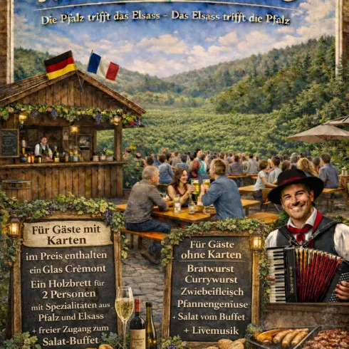 Ein festlicher Außenbereich mit einem rustikalen Stand und Menschen, die gemütlich Essen und Trinken. Im Hintergrund ist eine malerische Landschaft mit Bergen und Bäumen zu sehen.