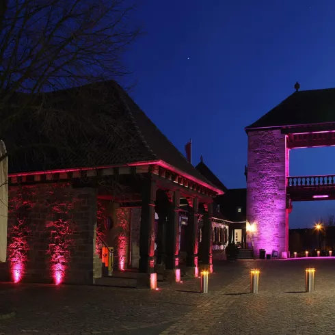 Deutsches Weintor mit Beleuchtung zur Mandelblüte (© Tourismusverein SÜW Bad Bergzbabern e.V.)