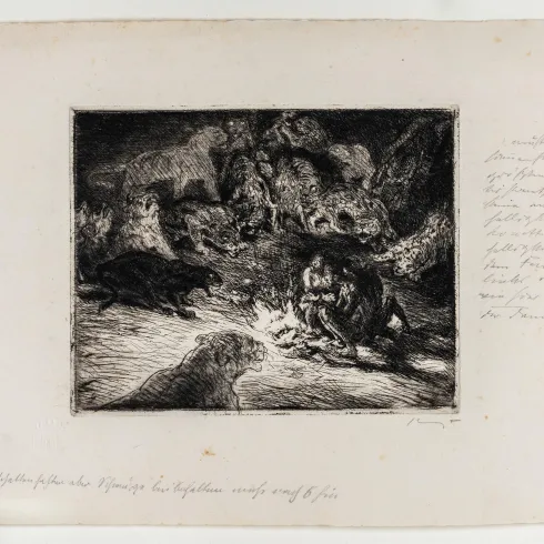 Eine künstlerische Darstellung von Tieren, die um ein Feuer versammelt sind. Die Szene zeigt eine dramatische Atmosphäre in einer dunklen Umgebung.