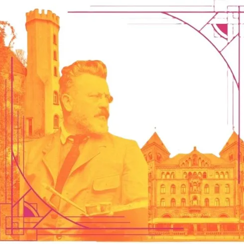 Ein künstlerisches Bild mit einer orangefarbenen Farbpalette. Im Vordergrund ist ein Mann in historischer Kleidung zu sehen, umgeben von architektonischen Elementen.