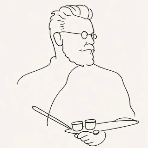 Eine einfache Linienzeichnung eines Mannes mit Brille und Bart. Er hält einen Pinsel und zwei Farbbehälter in der Hand.