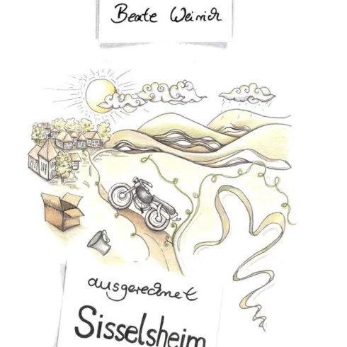 Eine künstlerische Illustration mit einer Motorradfahrt durch eine hügelige Landschaft. Im Hintergrund sind Sonne, Wolken und Kisten zu sehen, sowie der Schriftzug "Sisselsheim".