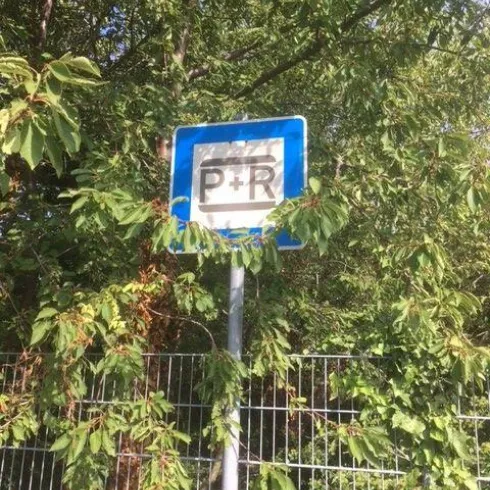 Ein Parkplatzschild für P+R ist teilweise von grünen Blättern umgeben. Der Hintergrund zeigt einen Zaun und Bäume.