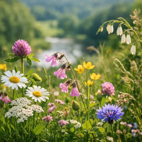 Ein buntes Blumenfeld mit verschiedenen Wildblumen. Im Hintergrund fließt ein ruhiger Bach durch eine grüne Landschaft.