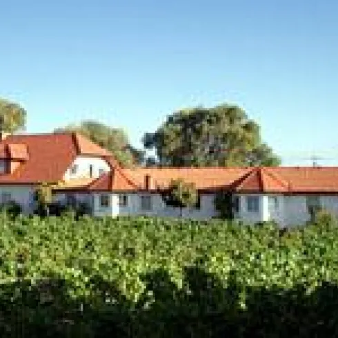 Ein schönes Weingut mit roten Dächern und weitläufigen Weinreben. Der Himmel ist klar und blau.