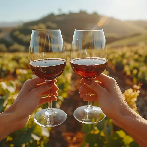 Zwei Gläser Rotwein werden in einem Weinberg angestoßen. Im Hintergrund sind sanfte Hügel und die untergehende Sonne zu sehen.