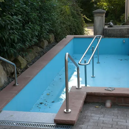 Ein leeres Schwimmbecken mit blauer Innenfläche und Handläufen. Es ist von Pflanzen und Steinen umgeben.