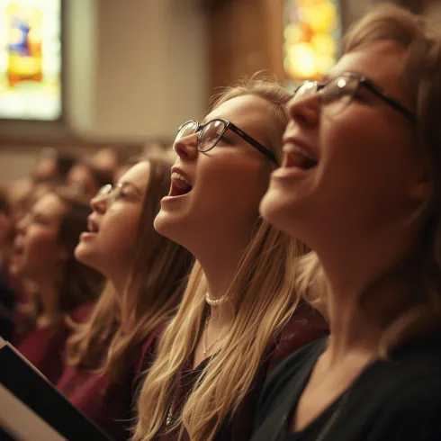 Eine Gruppe junger Frauen singt in einer Kirche. Sie tragen Brillen und schauen nach oben, während sie voller Begeisterung singen.
