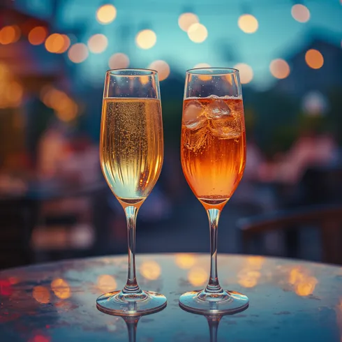 Zwei elegante Gläser mit einem sprudelnden Getränk und einem erfrischenden Cocktail stehen auf einem Tisch. Im Hintergrund sind warm leuchtende Lichter zu sehen, die eine gemütliche Atmosphäre schaffen.