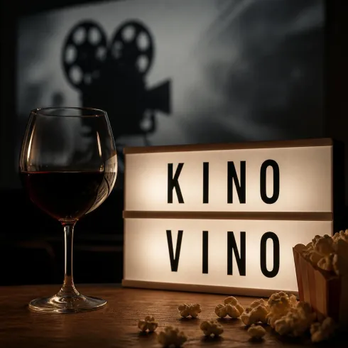 Ein Glas Rotwein steht auf einem Tisch neben einer Leuchtbox mit der Aufschrift "KINO VINO". Im Hintergrund ist ein Filmprojektor zu sehen.