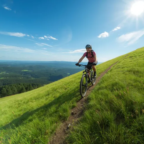 Ein Radfahrer fährt auf einem schmalen Pfad durch eine grüne Wiesenlandschaft. Der Himmel ist blau mit einigen wenigen Wolken und die Sonne scheint hell.