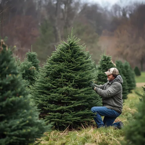 Ein Mann kniet neben einem Weihnachtsbaum in einem Baumgarten. Um ihn herum stehen viele weitere Weihnachtsbäume.