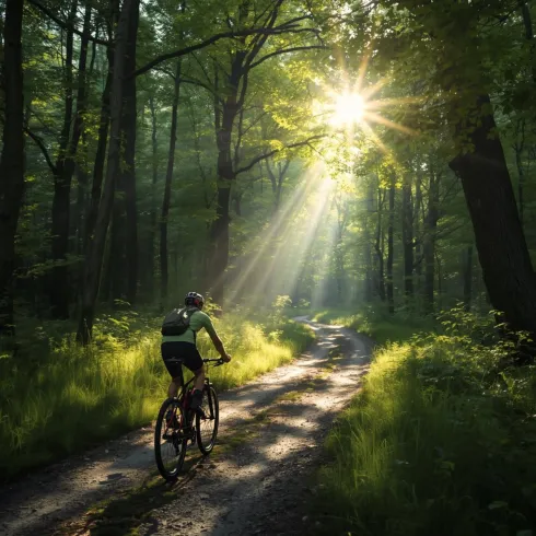 Ein Radfahrer fährt auf einem schmalen Weg durch einen grünen Wald. Sonnenstrahlen fallen durch die Bäume und schaffen eine ruhige Atmosphäre.