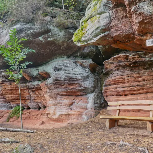 Eine ruhige Ecke im Wald mit einer Holzbank und bunten Felsen. Ein Schilderbaum weist auf den Wanderweg hin.