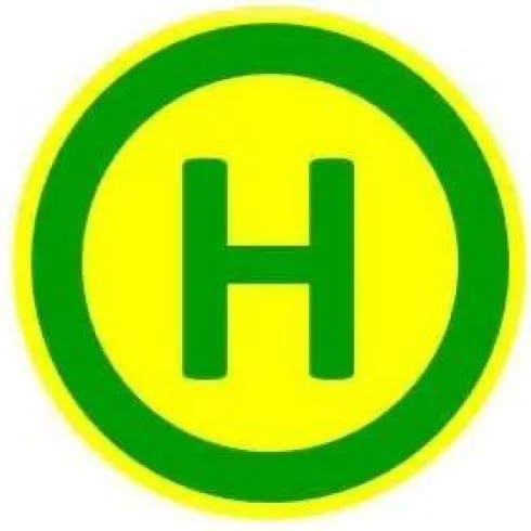 Ein Haltestellensymbol in Gelb und Grün mit einem großen „H“ in der Mitte. Es kennzeichnet eine Haltestelle für öffentliche Verkehrsmittel.