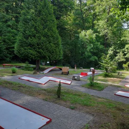 Ein Minigolfplatz inmitten von Bäumen. Der Platz ist mit verschiedenen Bahnen und Holzmobiliar ausgestattet.