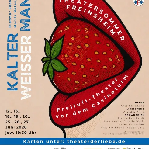 Plakat zum Theatersommer Kalter weisser Mann. Ein geöffneter Mund mit einer Erdbeere.