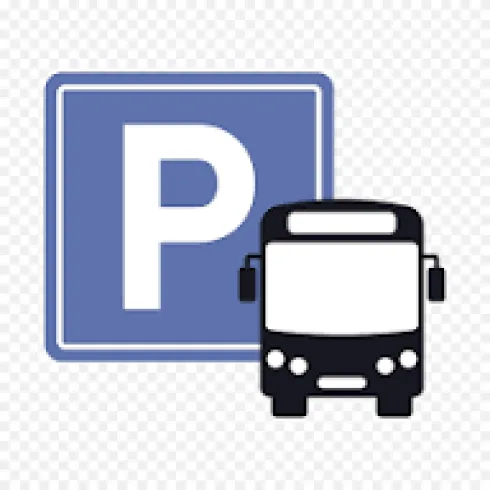 Ein Parkplatzschild mit einem Bus. Das Schild zeigt an, dass Parkmöglichkeiten für Busse vorhanden sind.