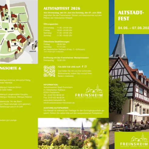 Eine informative Broschüre für das Altstadtfest 2020 in Freinsheim. Sie zeigt einen Veranstaltungskalender und eine Karte der Altstadt mit verschiedenen Veranstaltungsorten.