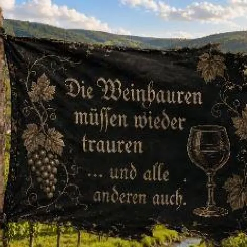 Ein schwarzes Tuch mit goldener Schrift, einem Weinglas, Trauben und Blättern