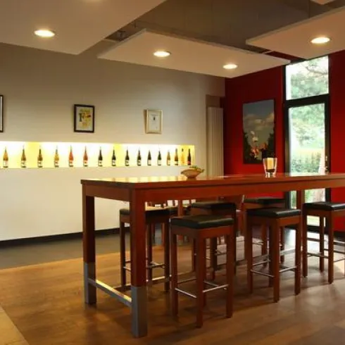 Die Vinothek des Weinguts. In der Mitte steht ein großer Holztisch und an den Wänden sind beleuchtete Weinflaschen.