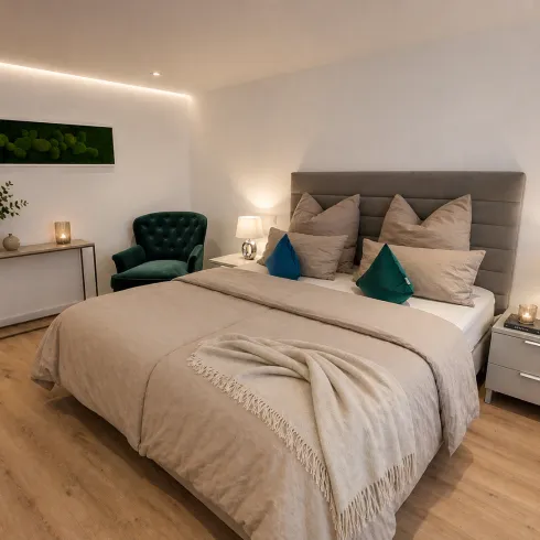 Ein modernes Schlafzimmer mit einem großen Bett und dekorativen Kissen. Ein gemütlicher Sessel und sanfte Beleuchtung sorgen für eine einladende Atmosphäre.