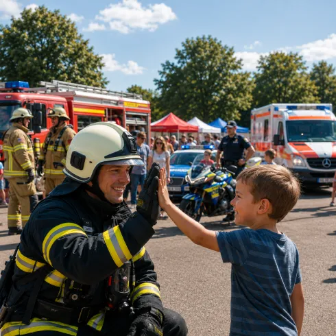 Ein Feuerwehrmann gibt einem Jungen ein High-Five. Im Hintergrund sind Einsatzfahrzeuge und viele Menschen zu sehen.