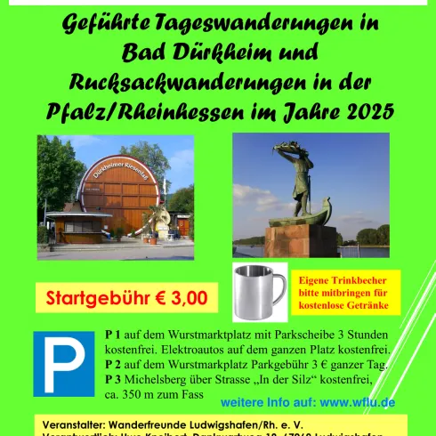 Ein Plakat für geführte Tageswanderungen in Bad Dürkheim und Rucksackwanderungen in der Pfalz/Rheinhessen für das Jahr 2025. Informationen zu Preisen, Parkmöglichkeiten und Kontaktdaten sind deutlich sichtbar.