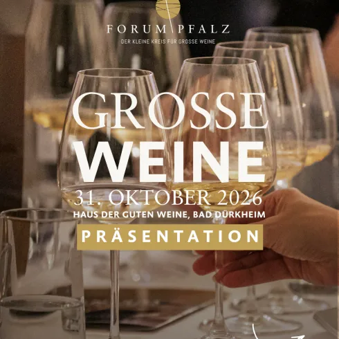 Eine elegante Präsentation von Weingläsern steht im Vordergrund. Darunter sind Informationen zu einer Weinveranstaltung am 31. Oktober 2026 in Bad Dürkheim.