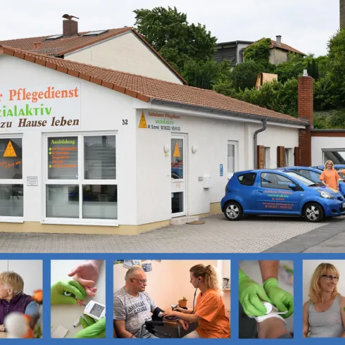 Ein ambulanter Pflegedienst mit einem modernen Gebäude und mehreren Autos. Im unteren Bereich sind Szenen der Pflegearbeit und der direkten Betreuung von Patienten zu sehen.