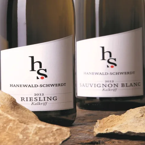 Zwei Flaschen Wein stehen auf einem holzernen Tisch, eine Riesling und eine Sauvignon Blanc. Daneben liegen einige Steine und ein Glas mit heller Flüssigkeit.