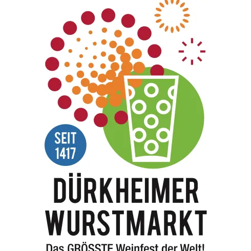 Ein grafisches Logo des Dürkheimer Wurstmarkts, das ein Glas mit Getränken und bunte Spritzelemente zeigt. Es beschreibt das größte Weinfest der Welt und bezieht sich auf die Tradition seit 1417.