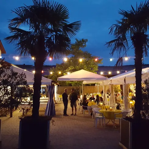 Eine einladende Außenbereich mit Palmen und festlicher Beleuchtung. Tische sind für Gäste vorbereitet, und die Stimmung ist entspannt.