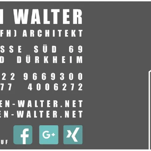 Ein modernes Architekturbüro mit Kontaktinformationen. Die Gestaltung ist minimalistisch und professionell.