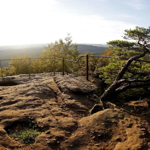 Eine Aussichtsplattform mit Blick auf eine wunderschöne Landschaft. Umgeben von Bäumen und Felsen unter einem klaren Himmel.