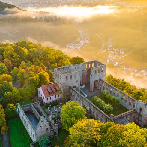 Eine alte Burgruine umgeben von buntem Wald. Der Sonnenaufgang sorgt für eine mystische Atmosphäre.