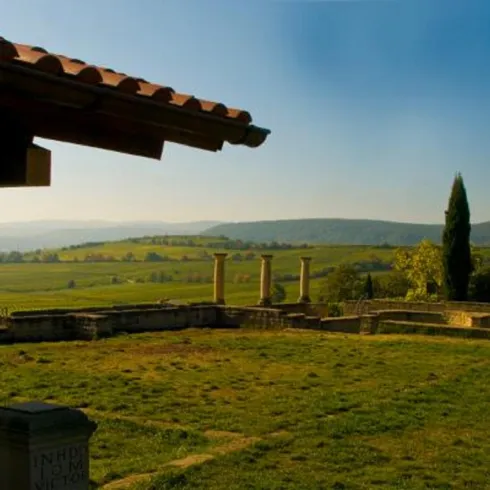 Eine ruhige Landschaft mit sanften Hügeln und Weinreben im Hintergrund. Im Vordergrund stehen alte Säulen und eine überdachte Terrasse.