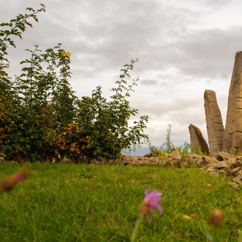 Eine Gruppe von großen Steinen, die wie eine Hand formiert sind, steht auf einem grünen Rasen. Im Vordergrund sind einige bunte Blumen zu sehen.