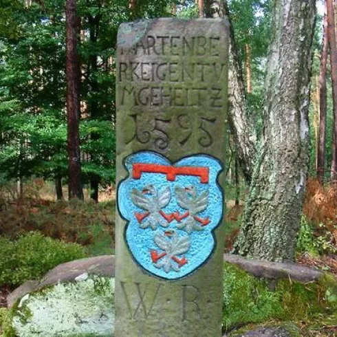 Ein historischer Stein mit Inschriften und einem Wappen steht im Wald. Die Umgebung ist grün und natürlich mit Bäumen und Büsche.