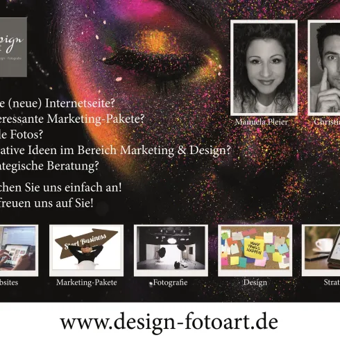 Eine kreative Marketing-Broschüre mit einem farbenfrohen Hintergrund. Sie enthält Informationen über Design, Fotografie und strategische Beratung.