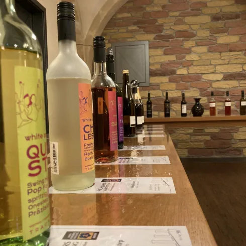 Eine Reihe von Weinen steht auf einem Holzregal. Im Hintergrund sind Steine und Flaschen zu sehen, die eine gemütliche Atmosphäre schaffen.