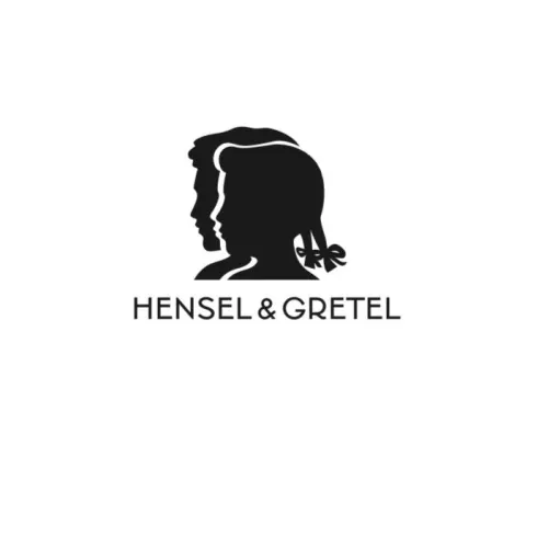 Ein schwarzes Logo, das die Silhouetten von zwei Personen zeigt. Darunter steht der Schriftzug "HENSEL & GRETEL".