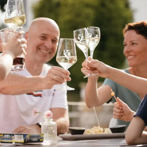 Eine Gruppe von Personen stößt mit Gläsern an und genießt eine gesellige Zeit im Freien. Auf dem Tisch sind Snacks und Getränke zu sehen.