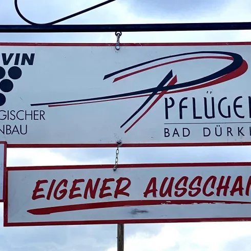 Ein Schild mit dem Namen "Pflüger" für einen ökologischen Weinbau in Bad Dürkheim. Es zeigt die Nummer 34 und den Hinweis "Eigenen Ausschank".
