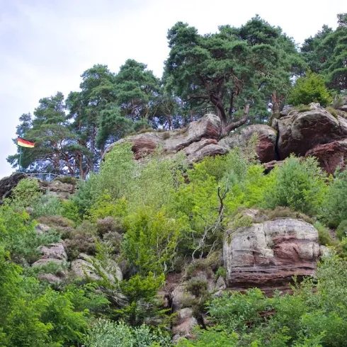 Eine hohe Felswand ist von üppigem Grün umgeben. Im Hintergrund sind einige Kiefern zu sehen und eine Deutschlandflagge weht im Wind.