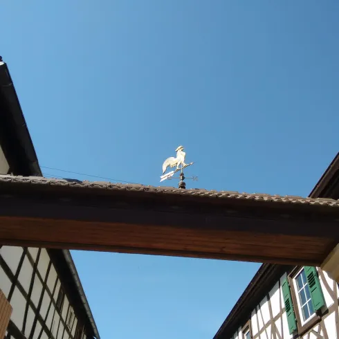 Ein Dach mit einer Wetterfahne in Form eines Pferdes. Darunter sieht man Fachwerkhäuser vor einem strahlend blauen Himmel.