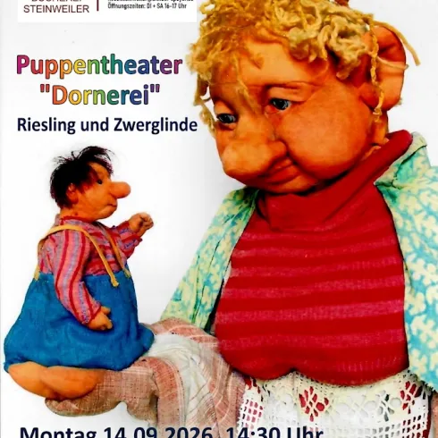 Ein Plakat für das Puppentheater "Dornerei" mit bunten Puppen. Es zeigt eine große Puppe und eine kleinere Puppe, die zusammen auf der Bühne stehen.