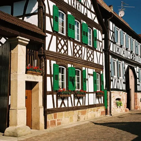 Eine malerische Straße mit Fachwerkhäusern und grünen Fensterläden. Die Gebäude strahlen einen charmanten, historischen Charakter aus.