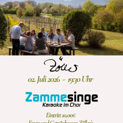Eine Gruppe von Menschen sitzt im Freien an einem Tisch und genießt ein Essen inmitten von Weinbergen. Im Hintergrund sind sanfte Hügel und ein klarer Himmel zu sehen.